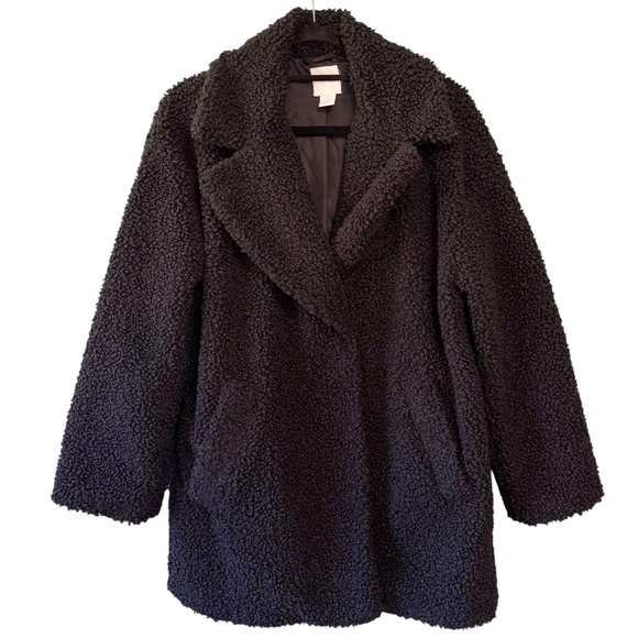 H&M Boucle Textured Mid Length Teddy Coat Black Size Small - Picture 1 of 8